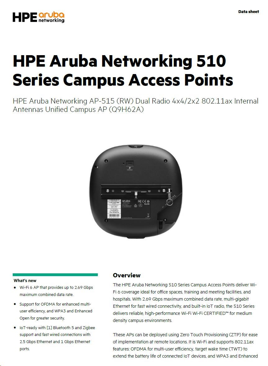 HPE Aruba Networking AP-515 (RW) Dual Radio 4x4/ 2x2 802.11ax Internal Antennas Unified Campus AP RENEW Q9H62A0 