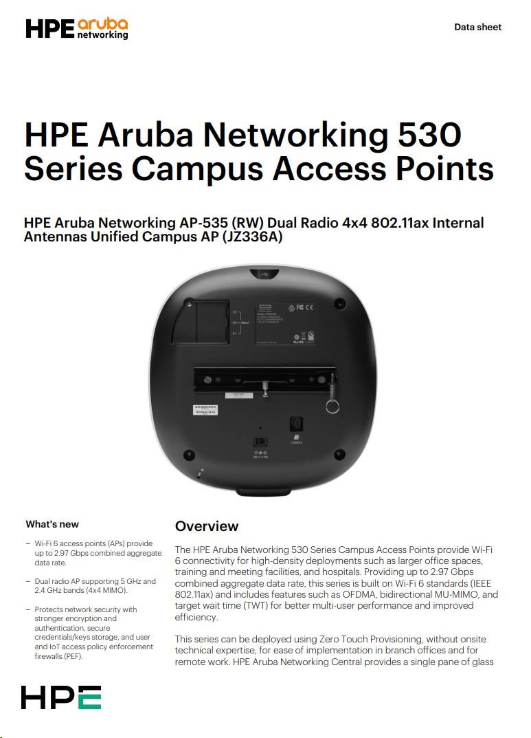 Aruba AP-535 (RW) Dual Radio 4x4:4 802.11ax Internal Antennas Unified Campus AP RENEW JZ336A2 