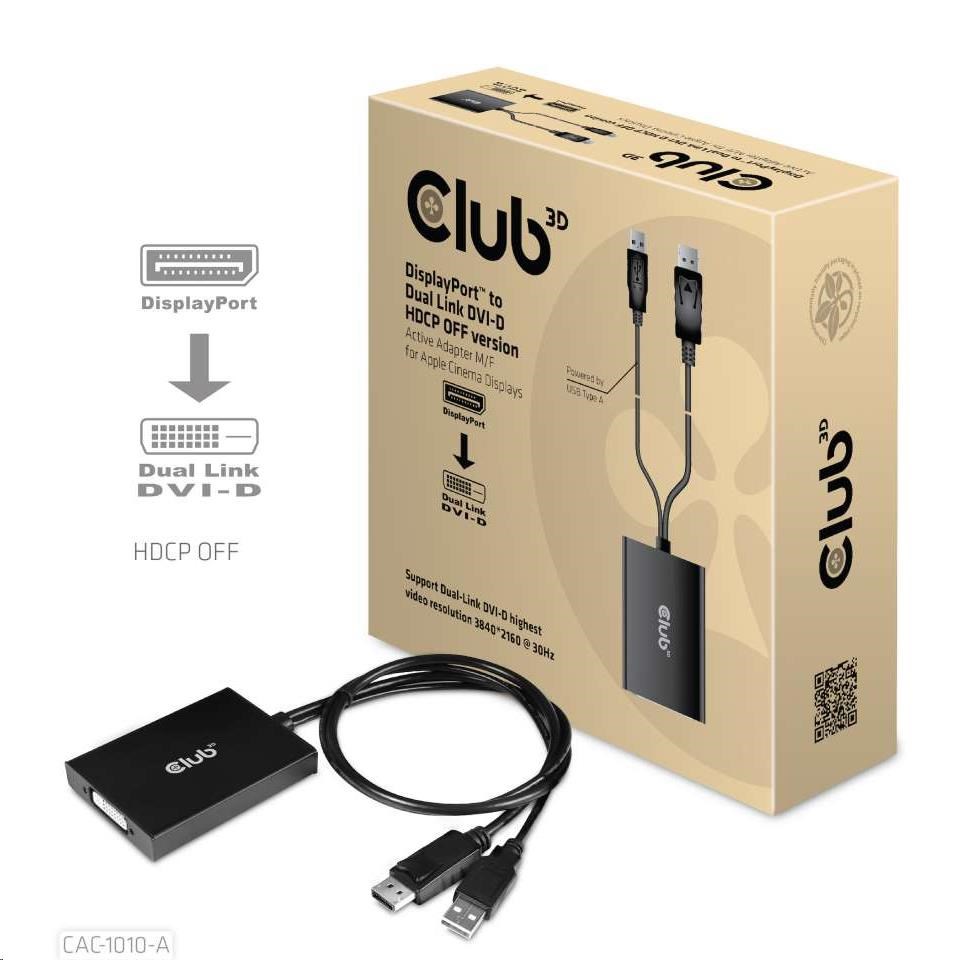 Club3D Adaptér aktivní DisplayPort na Dual Link DVI-D,  USB napájení,  60cm,  HDCP off,  pro Apple Cinema displeje2 