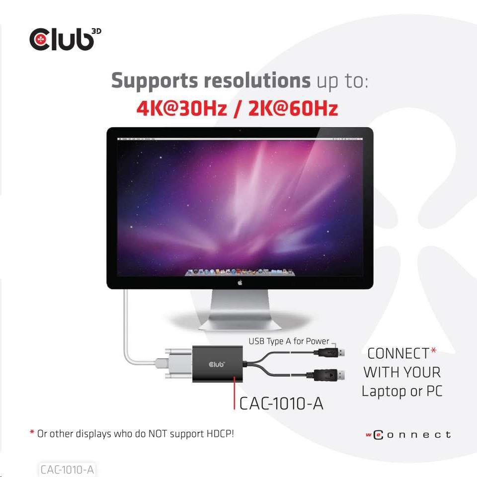 Club3D Adaptér aktivní DisplayPort na Dual Link DVI-D,  USB napájení,  60cm,  HDCP off,  pro Apple Cinema displeje3 
