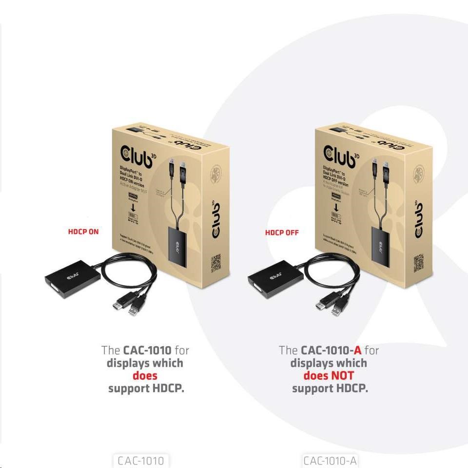 Club3D Adaptér aktivní DisplayPort na Dual Link DVI-D,  USB napájení,  60cm,  HDCP off,  pro Apple Cinema displeje4 