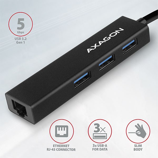 AXAGON HMA-GL3A,  USB 3.rozbočovač 2. generácie,  porty 3x USB-A + Gigabit Ethernet,  kov,  kábel USB-A 20 cm1 