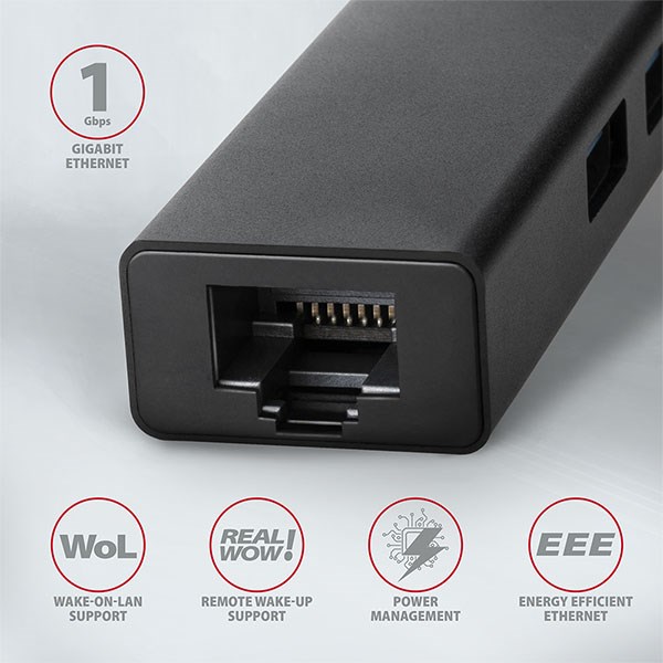 AXAGON HMA-GL3A,  USB 3.rozbočovač 2. generácie,  porty 3x USB-A + Gigabit Ethernet,  kov,  kábel USB-A 20 cm2 