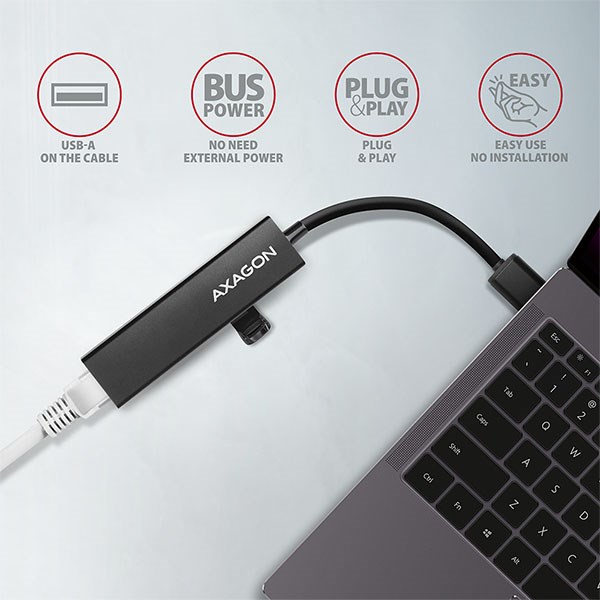AXAGON HMA-GL3A,  USB 3.rozbočovač 2. generácie,  porty 3x USB-A + Gigabit Ethernet,  kov,  kábel USB-A 20 cm3 