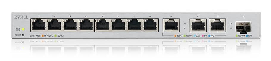 Zyxel XGS1250-12 12-portový gigabitový webový manažovateľný prepínač,  8x Gigabit RJ45,  3x MultiGig 1/ 2.5/ 5/ 10G,  1x SFP+2 