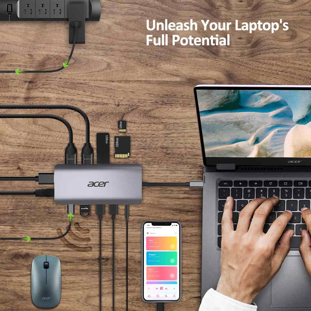 Kľúč ACER 12v1 typu C: 2 x USB3.2,  2 x USB2.0,  1x SD/ TF,  2 x HDMI,  1 x PD,  1 x DP,  1 x RJ45,  1 x 3.5 Audio1 