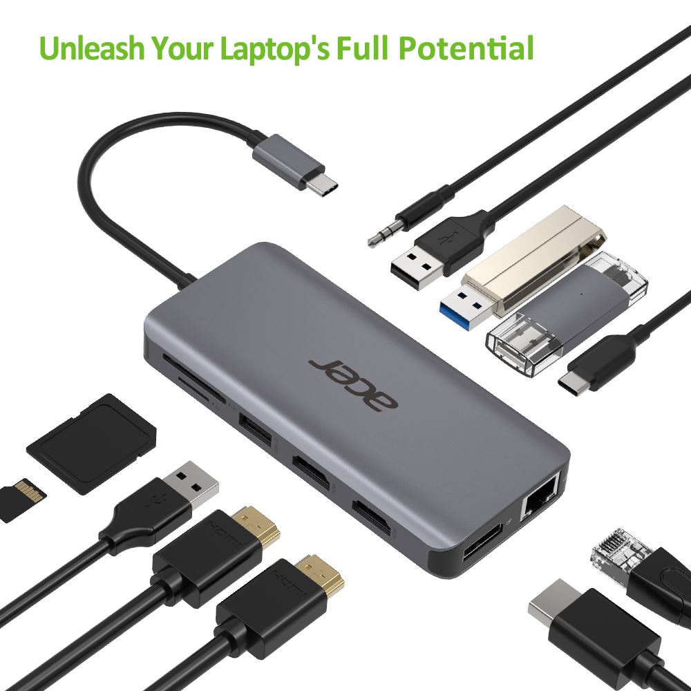 Kľúč ACER 12v1 typu C: 2 x USB3.2,  2 x USB2.0,  1x SD/ TF,  2 x HDMI,  1 x PD,  1 x DP,  1 x RJ45,  1 x 3.5 Audio2 