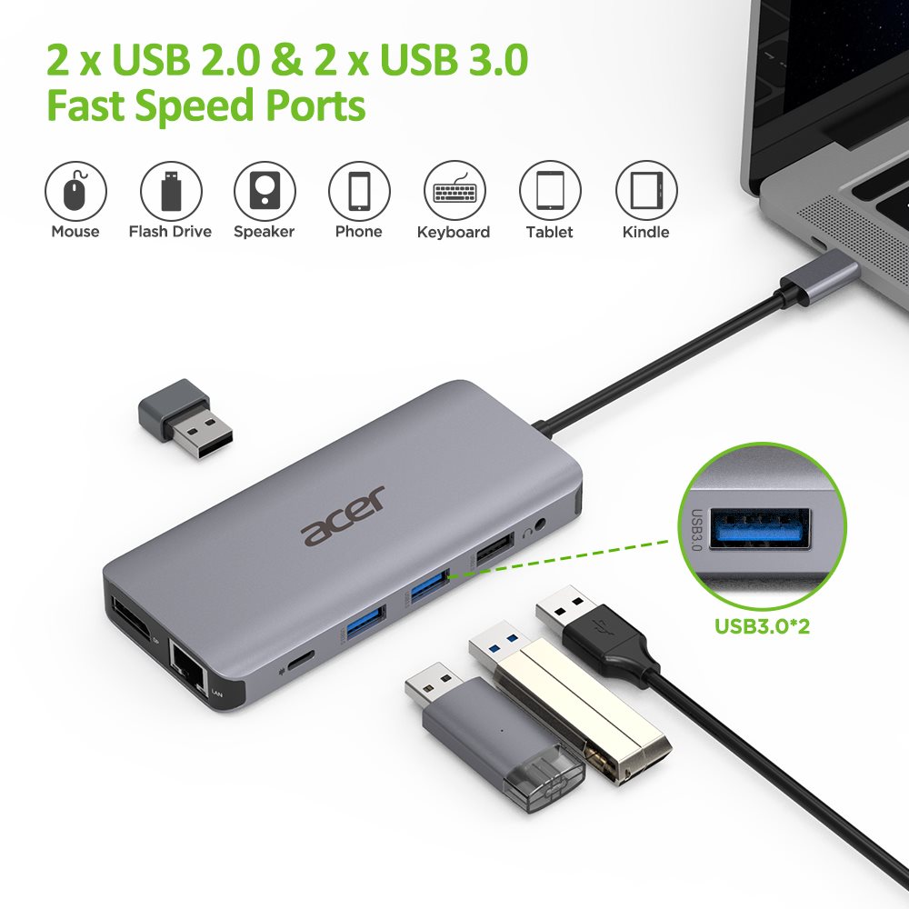 Kľúč ACER 12v1 typu C: 2 x USB3.2,  2 x USB2.0,  1x SD/ TF,  2 x HDMI,  1 x PD,  1 x DP,  1 x RJ45,  1 x 3.5 Audio3 