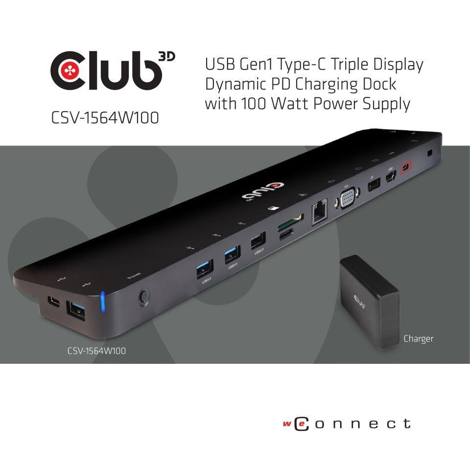 Dokovacia stanica Club3D USB-C 3.2 s napájacím adaptérom Triple Display Dynamic PD,  100 W1 
