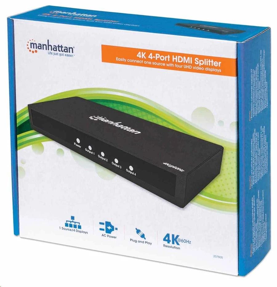 Manhattan HDMI Splitter,  4K 4-portový HDMI Splitter,  4K@60Hz,  napájanie AC,  čierny5 