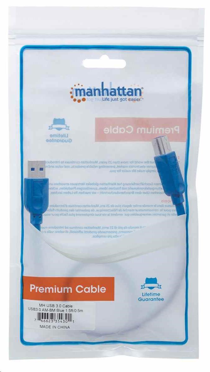 Manhattan USB kábel,  USB-A samec na USB-B samec,  USB 3.0,  5 Gb/ s,  0.5 m,  modrá3 