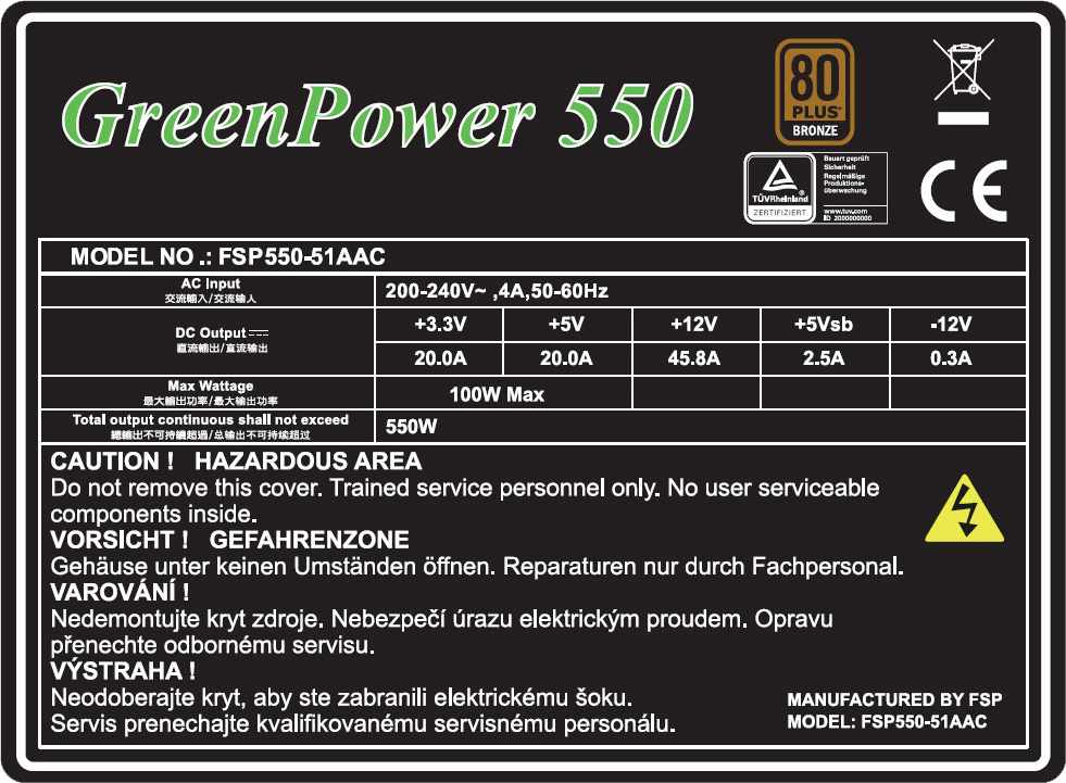 Napájací zdroj Fortron 550W GreenPower 550-51AAC, 80+ Bronze3 