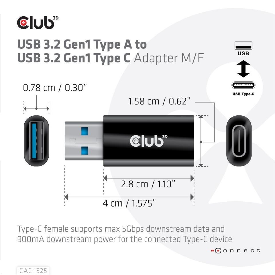 Adaptér Club3D USB 3.2 Gen1 typu A na USB 3.2 Gen1 typ C (M/ F),  čierna1 