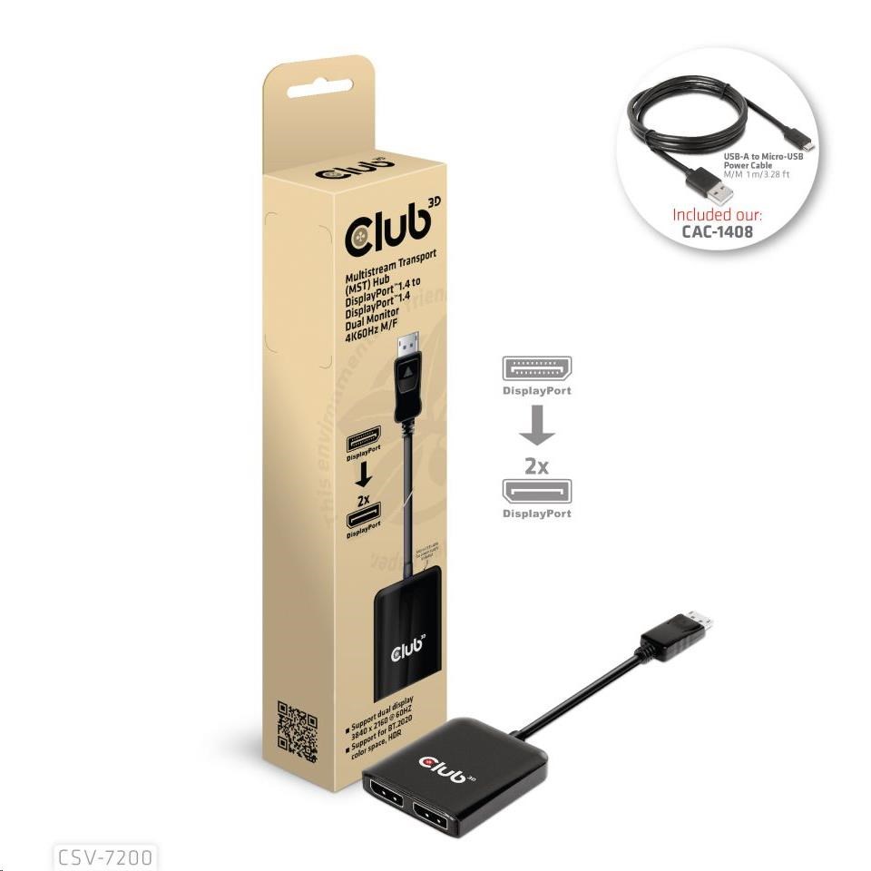 Videoadaptér Club3D MST (Multi Stream Transport) DisplayPort 1.4 na DisplayPort 1.4 Duálny monitor 4K60Hz (M/ F),  čierny1 