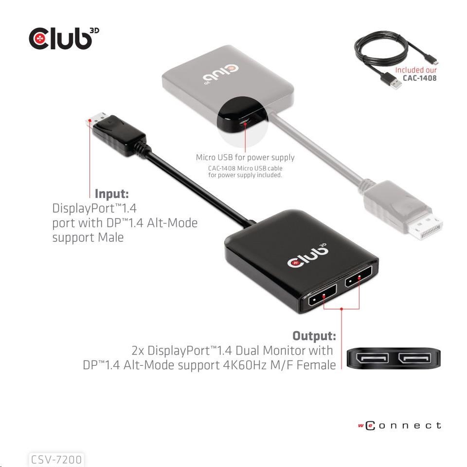 Videoadaptér Club3D MST (Multi Stream Transport) DisplayPort 1.4 na DisplayPort 1.4 Duálny monitor 4K60Hz (M/ F),  čierny3 