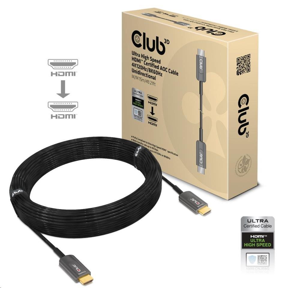 Club3D HDMI kábel,  Ultra High Speed HDMI™ Certified AOC Cable,  4K120Hz/  8K60Hz (M/ M),  15 m0 