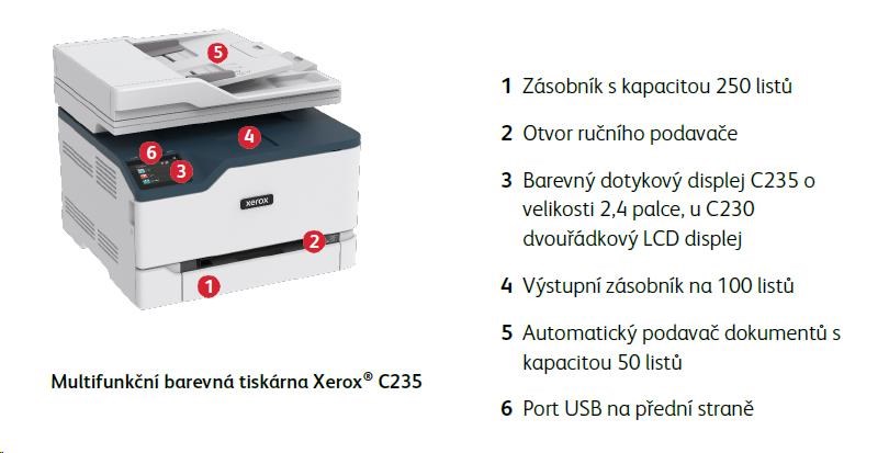 Xerox C235V_DNI, farebný laser. multifunkcia, A4, 22 strán za minútu, obojstranný tlač, ADF, WiFi/USB/Ethernet, 512 MB 1 