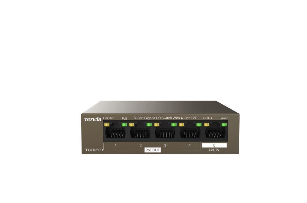 Tenda TEG1105PD - 5-portový PoE PD Gigabit Ethernet Switch,  1x PoE IN,  4x PoE OUT,  kovový,  bez ventilátora0 