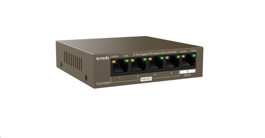 Tenda TEG1105PD - 5-portový PoE PD Gigabit Ethernet Switch,  1x PoE IN,  4x PoE OUT,  kovový,  bez ventilátora1 
