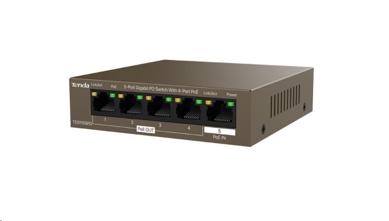 Tenda TEG1105PD - 5-portový PoE PD Gigabit Ethernet Switch,  1x PoE IN,  4x PoE OUT,  kovový,  bez ventilátora3 