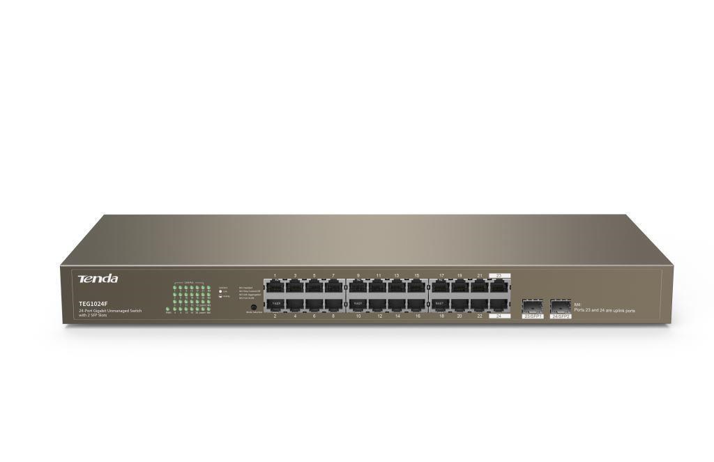Tenda TEG1024F - 22-portový gigabitový ethernetový prepínač + 2x Combo SFP/ RJ45,  10/ 100/ 1000 Mb/ s,  bez ventilátora,  sto2 