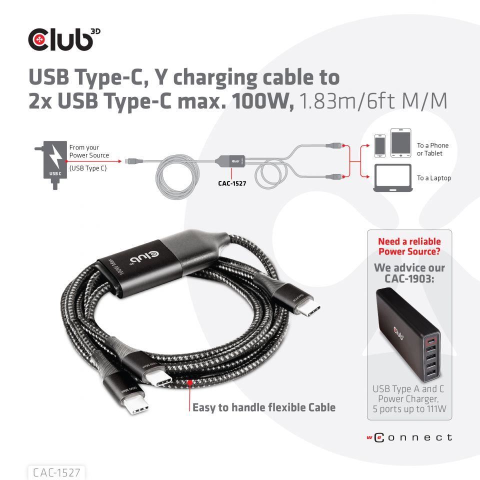 Nabíjací kábel Club3D USB Type-C,  nabíjací kábel Y na 2x USB Type-C max. 100W,  1.83m/ 6ft M/ M7 