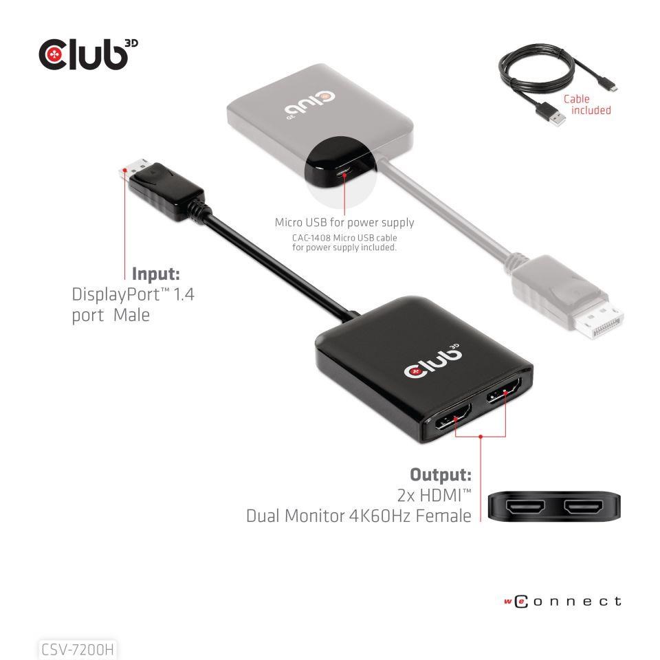 Club3D hub MST (Multi Stream Transport) DisplayPort 1.4 až 2xHDMI duálny monitor 4K60Hz (M/ F)4 