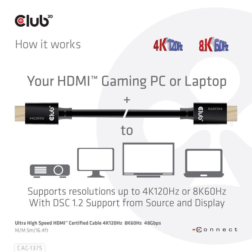 Club3D Ultra Rychlý HDMI™ Certifikovaný,  4K120Hz 8K60Hz 48Gbps M/ M 5m/ 16.4ft,  28 AWG4 