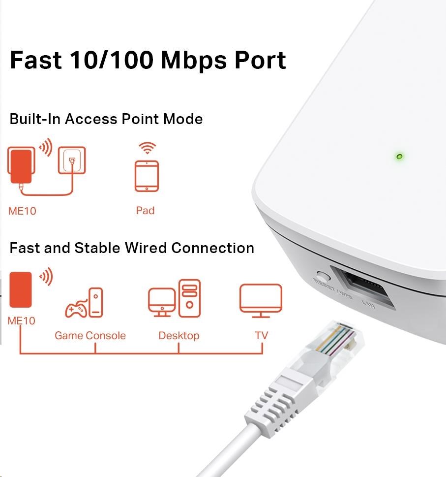 MERCUSYS ME10 WiFi4 Extender/ Repeater (N300, 2, 4GHz, 1x100Mb/ s LAN)4 