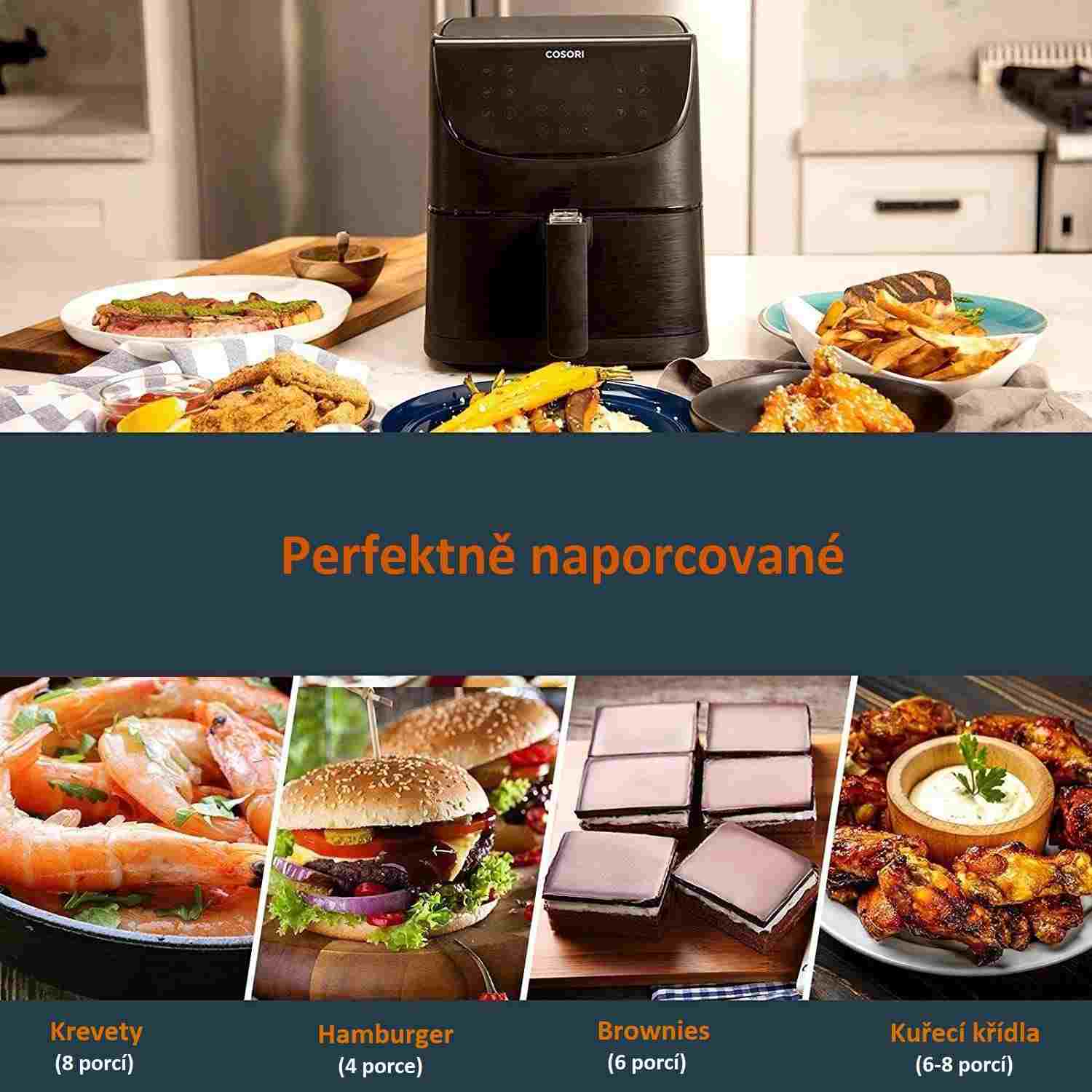 Cosori CP158-AF PREMIUM –  5.5L  horkovzdušná fritéza + 5x špíz a gril. rošt,  black7 