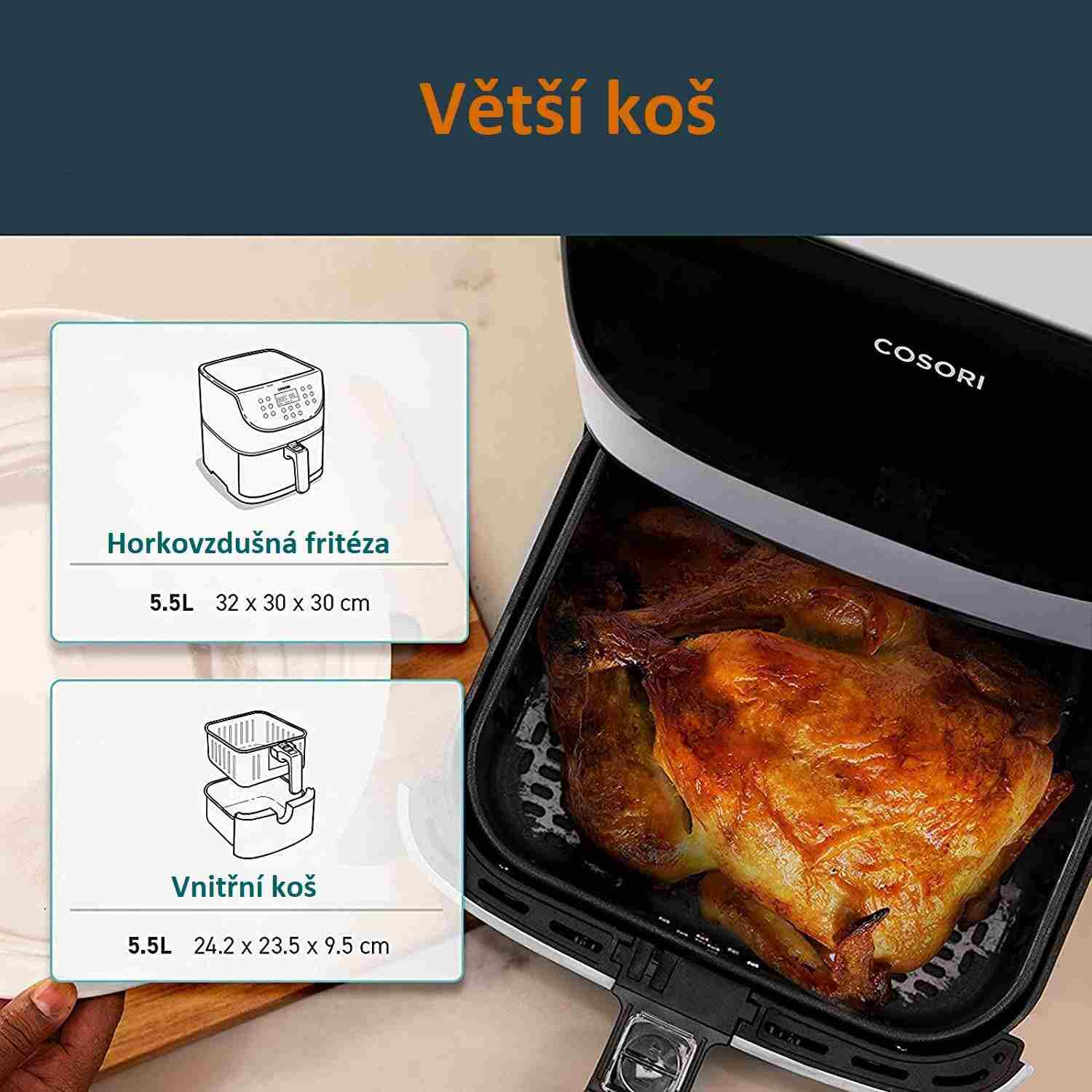 Cosori CP158-AF PREMIUM –  5.5L  horkovzdušná fritéza + 5x špíz a gril. rošt,  white0 