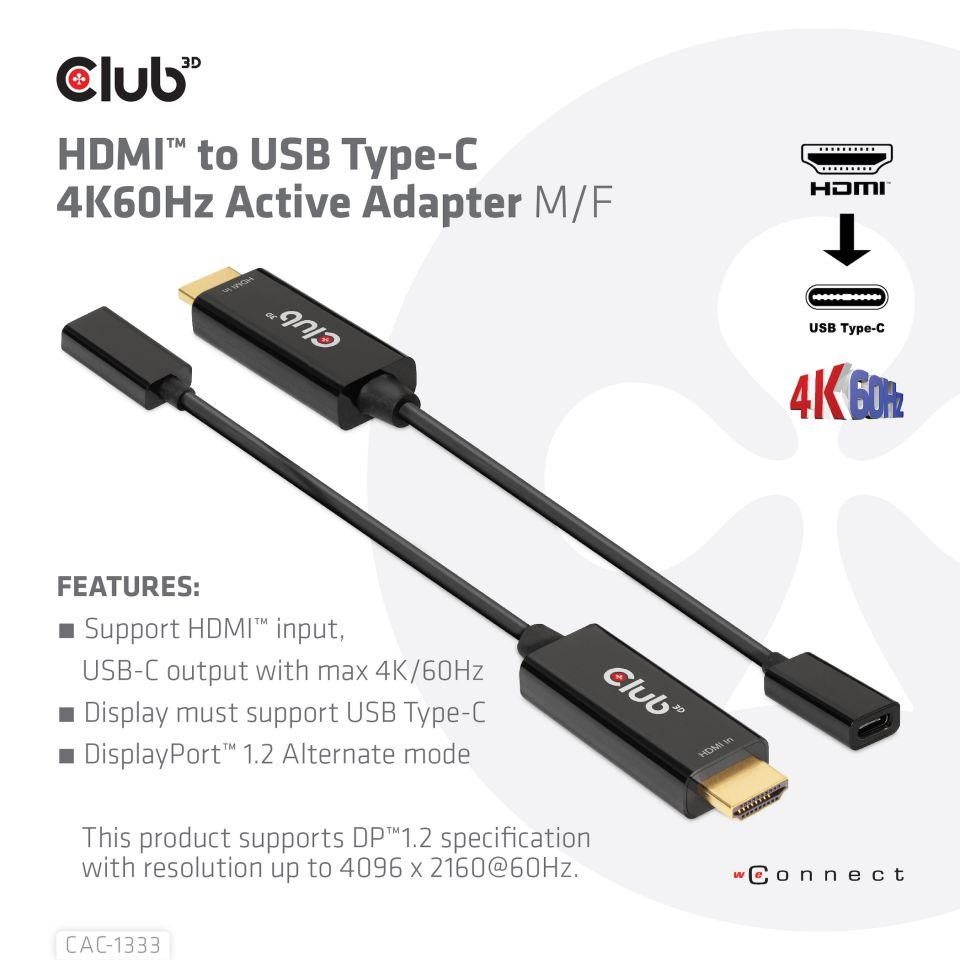 Club3D Aktívny adaptér HDMI na USB-C,  4K60Hz,  M/ F1 