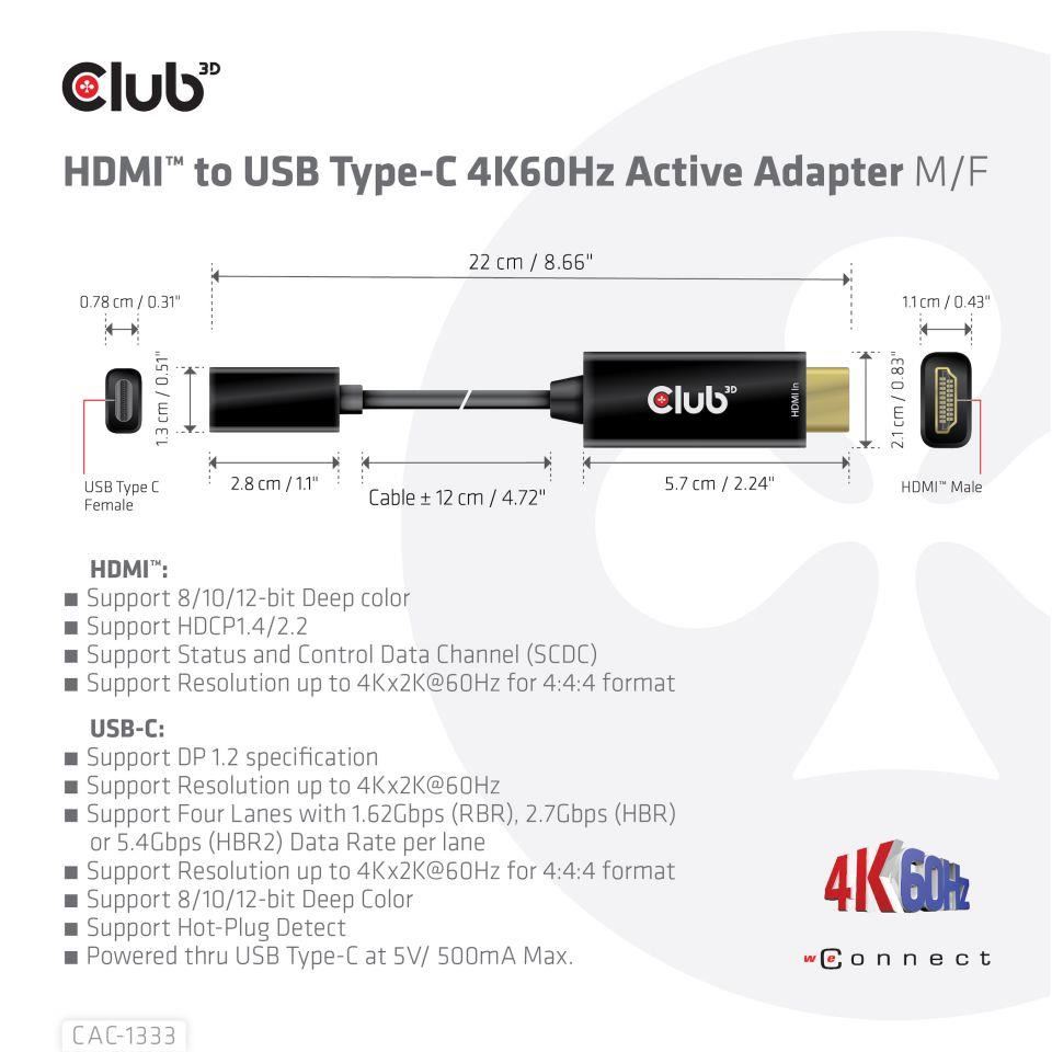 Club3D Aktívny adaptér HDMI na USB-C,  4K60Hz,  M/ F2 