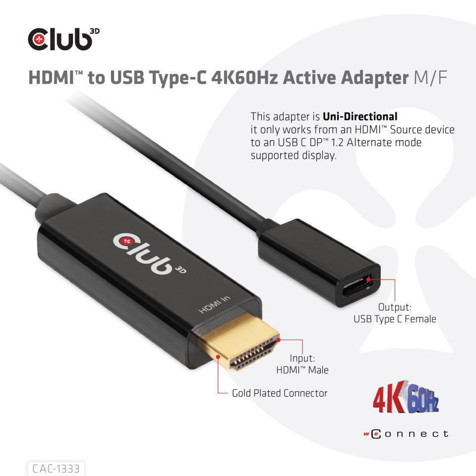 Club3D Aktívny adaptér HDMI na USB-C,  4K60Hz,  M/ F4 