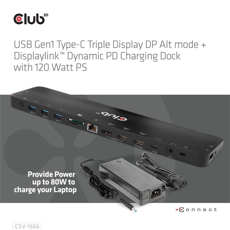Club3D USB-C,  Triple Display DP Alt mode Displaylink Dynamic PD Charging Dock so 120 W PS1 