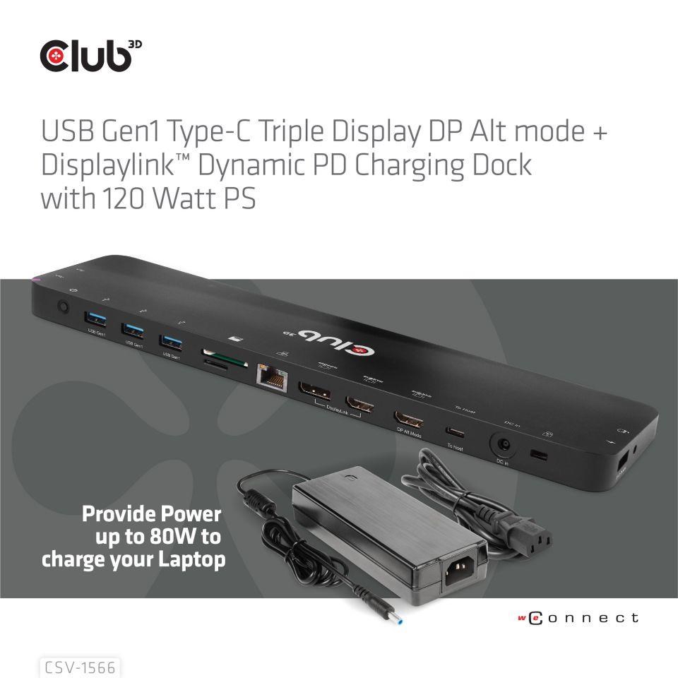 Club3D USB-C, Triple Display DP Alt mode Displaylink Dynamic PD Charging Dock so 120 W PS1 