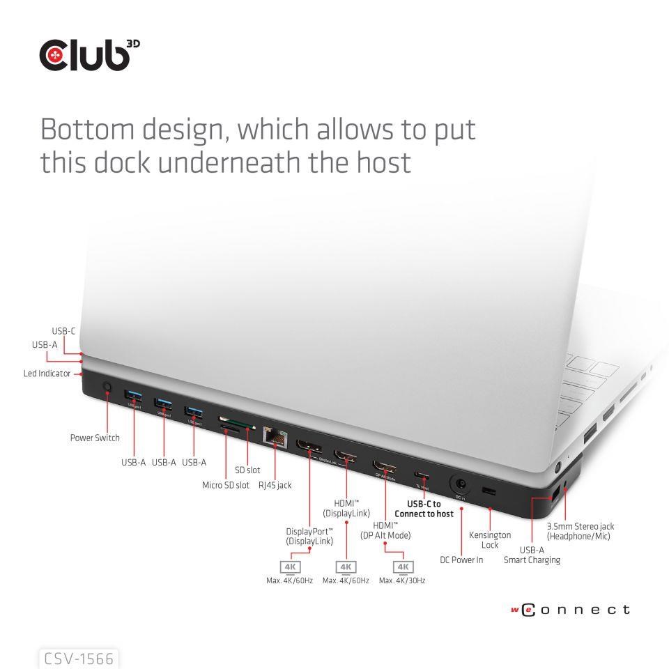 Club3D USB-C, Triple Display DP Alt mode Displaylink Dynamic PD Charging Dock so 120 W PS2 