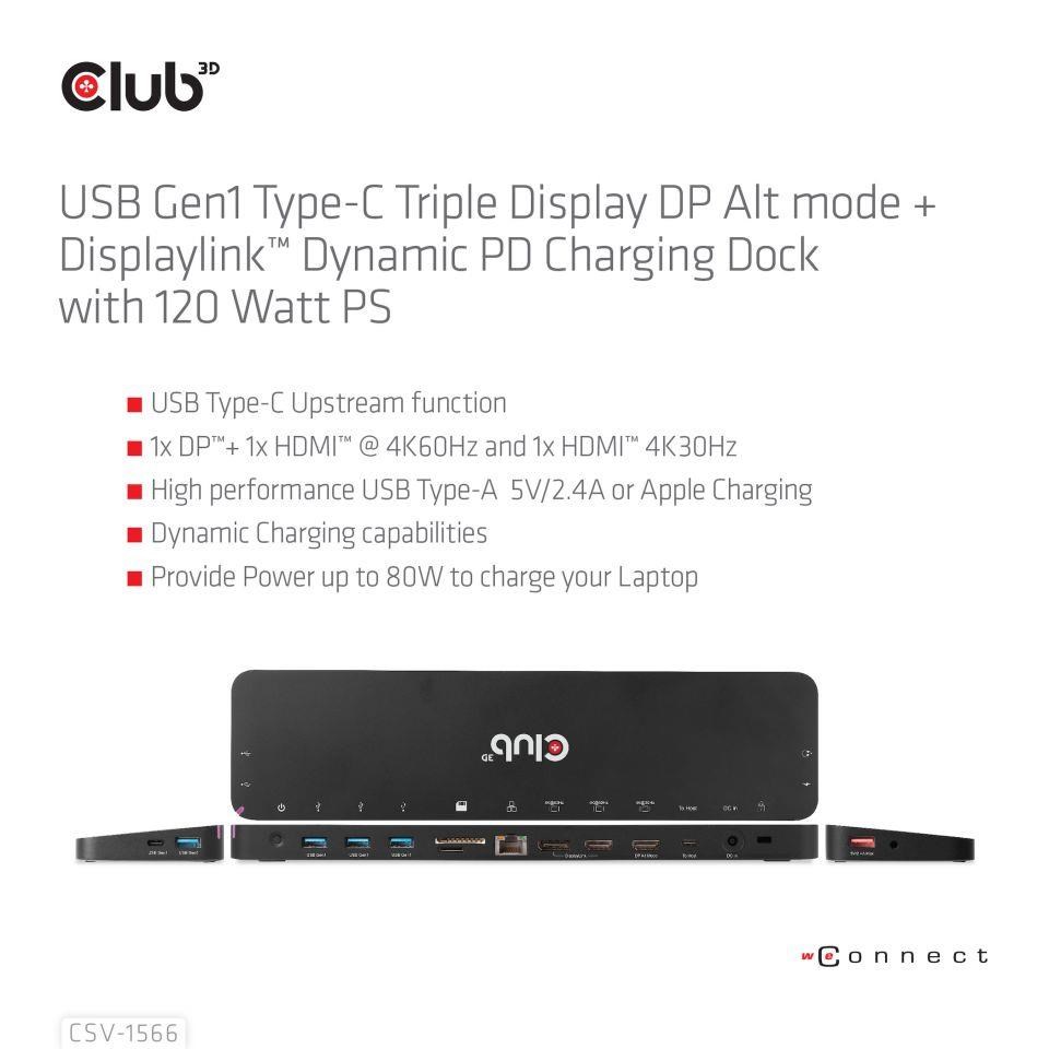 Club3D USB-C, Triple Display DP Alt mode Displaylink Dynamic PD Charging Dock so 120 W PS3 