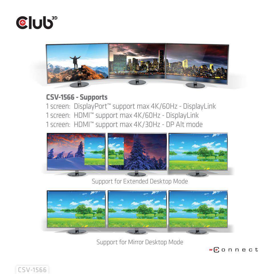 Club3D USB-C, Triple Display DP Alt mode Displaylink Dynamic PD Charging Dock so 120 W PS6 