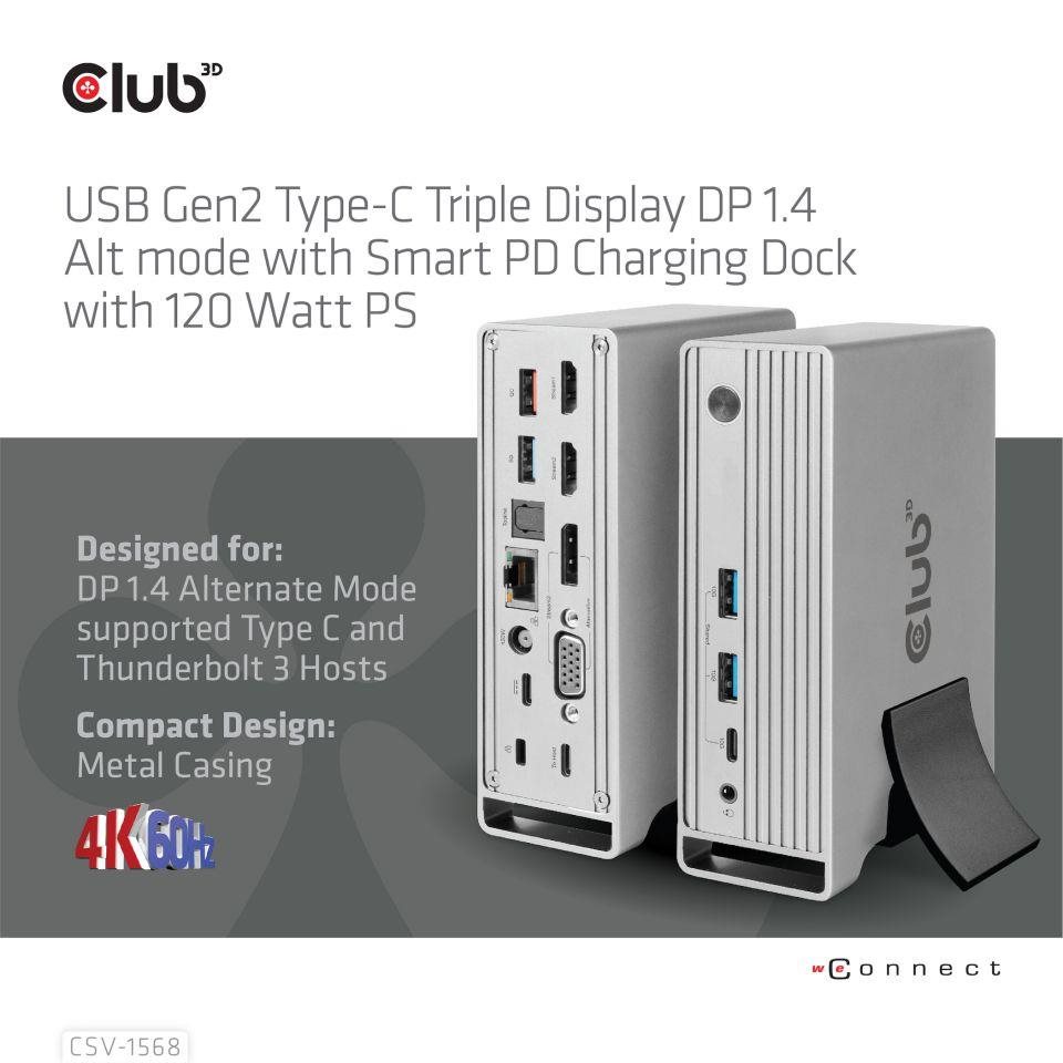 Club3D USB-C,  Triple Display DP Alt mode Displaylink Dynamic PD Charging Dock so 120 W PS2 