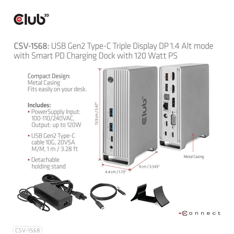 Club3D USB-C,  Triple Display DP Alt mode Displaylink Dynamic PD Charging Dock so 120 W PS3 