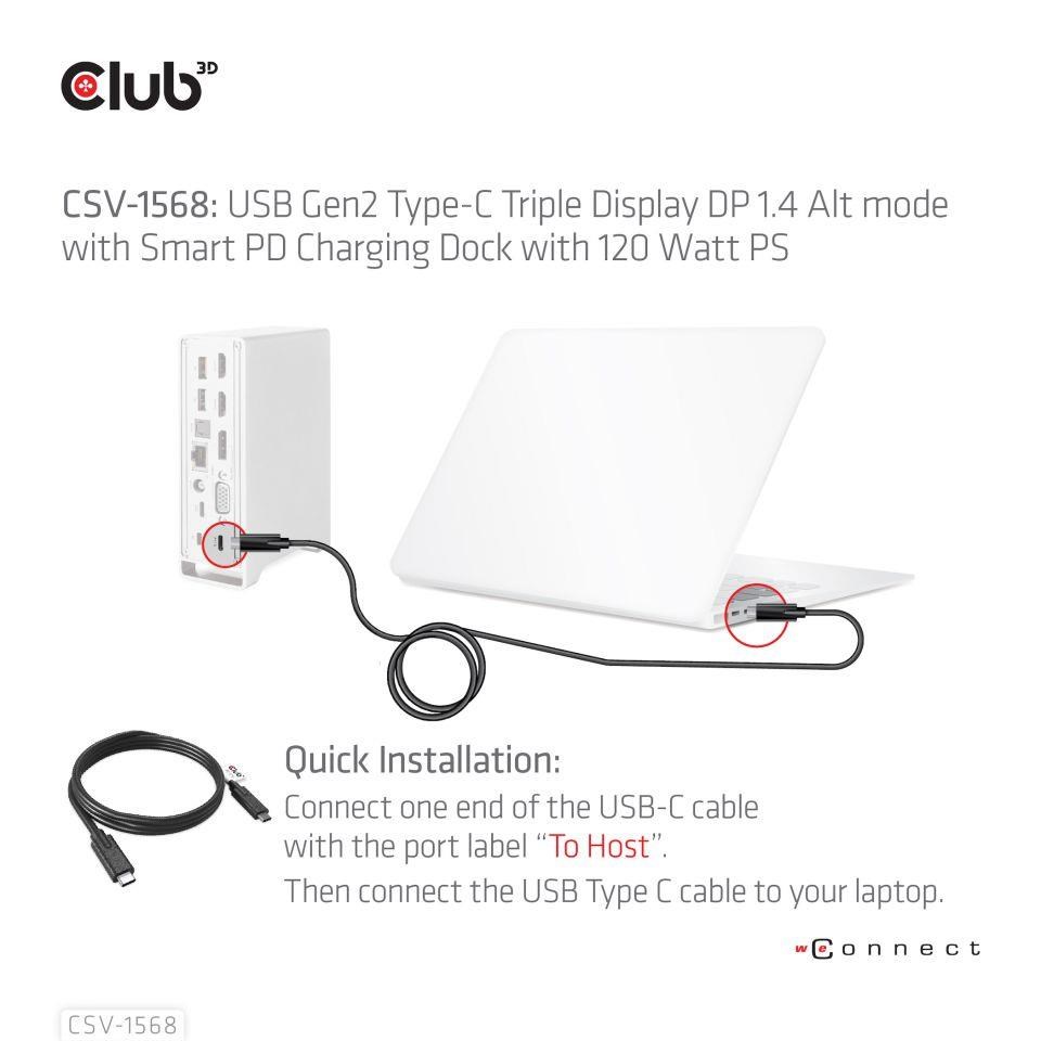 Club3D USB-C,  Triple Display DP Alt mode Displaylink Dynamic PD Charging Dock so 120 W PS4 