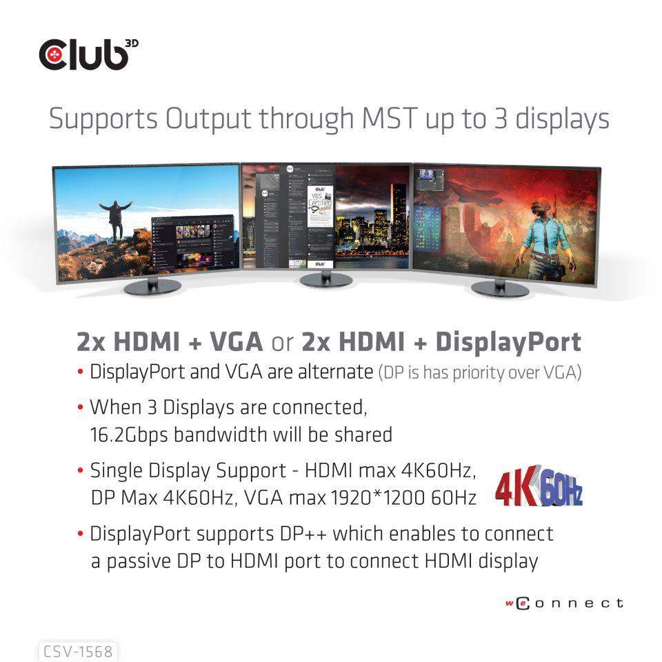 Club3D USB-C,  Triple Display DP Alt mode Displaylink Dynamic PD Charging Dock so 120 W PS5 