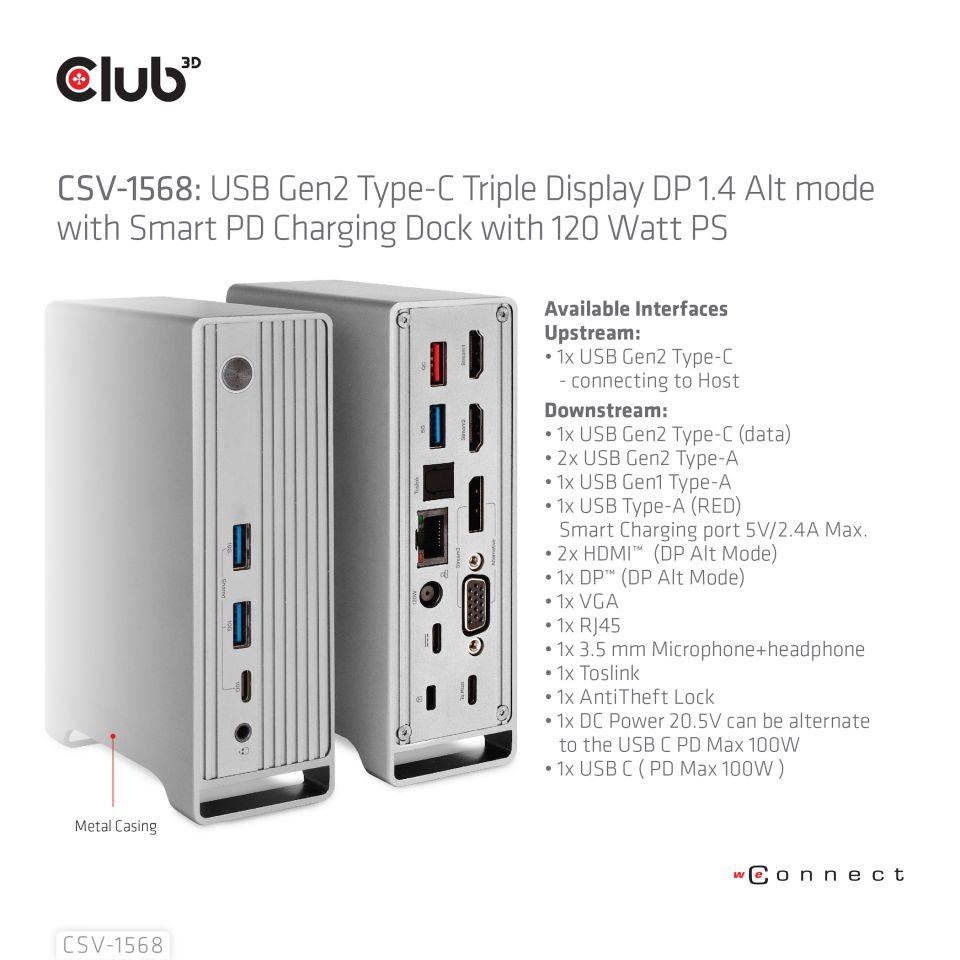 Club3D USB-C,  Triple Display DP Alt mode Displaylink Dynamic PD Charging Dock so 120 W PS7 