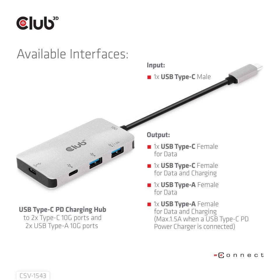 Club3D USB-C Gen2 PD hub pre 2x USB-C 10G porty a 2x USB-A 10G porty3 