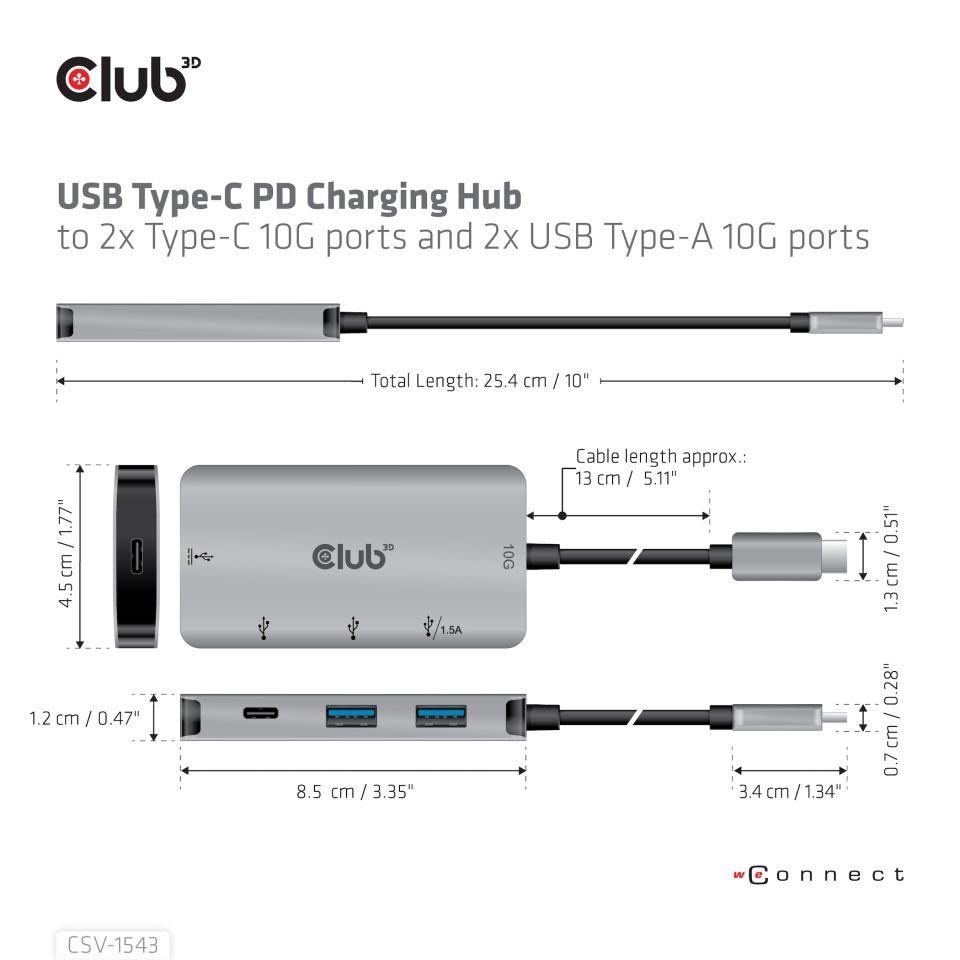 Club3D USB-C Gen2 PD hub pre 2x USB-C 10G porty a 2x USB-A 10G porty6 