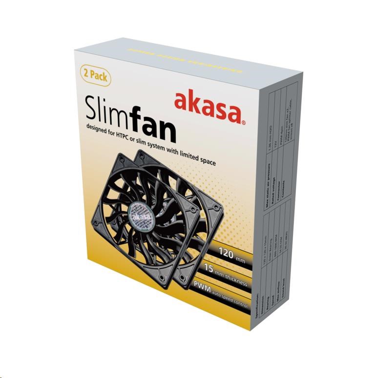 AKASA Slimfan ventilátor,  120 x 15 mm,  klzné ložisko,  pre HTPC systémy,  PWM 4pin,  2ks v balení2 