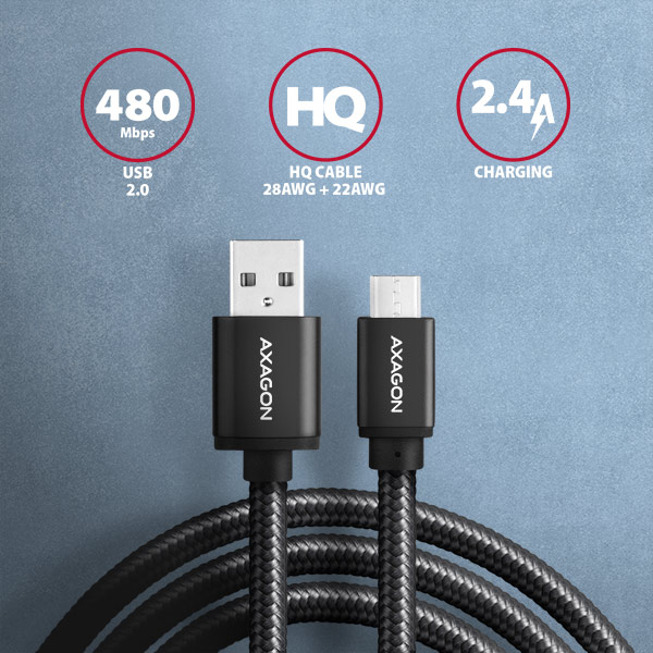 AXAGON BUMM-AM15AB,  HQ Micro <->USB-A</ -> kábel,  <->1</ ->.5 m,  USB 2.0,  2.4A,  ALU,  oplet,  čierny0 