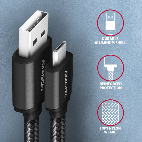 AXAGON BUMM-AM15AB,  HQ Micro <->USB-A</ -> kábel,  <->1</ ->.5 m,  USB 2.0,  2.4A,  ALU,  oplet,  čierny4 
