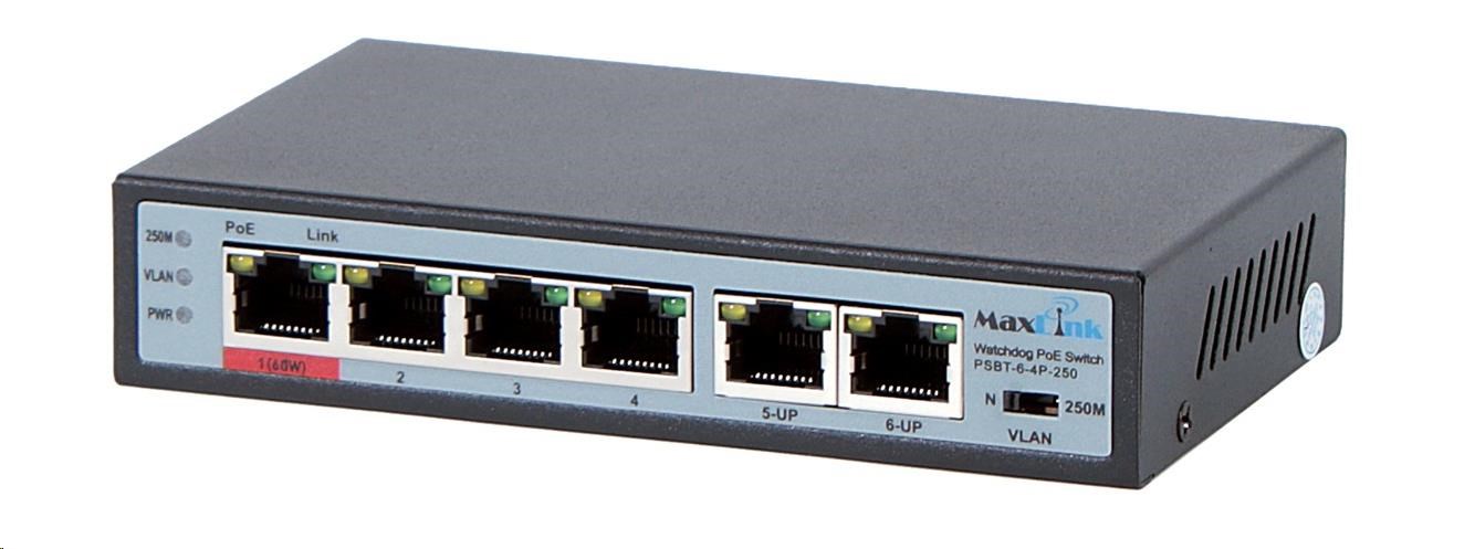 MaxLink PoE switch PSBT-6-4P-250 (náhrada za PSAT-6-4P-250),  6x LAN/ 4x PoE 250m,  802.3af/ at/ bt0 